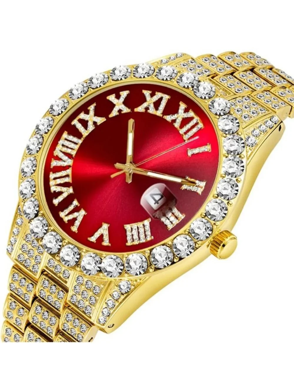 Men's Gold Red Analog Crystal Rhinestone Diamond Iced-Out Bracelet Wrist Watch